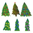 Set of vector drawn fur trees with new year decorations.