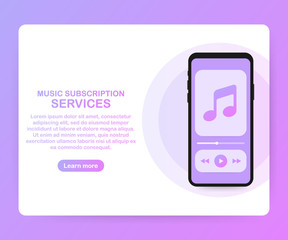 Poster - Music subscription services landing page website template. Vector isometric smartphone with headphones. Vector Illustration.