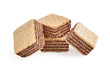 Pile of square wafer biscuits isolated on white backdrop.
