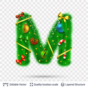 Holiday decorative letter of fir tree with toys.