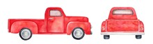 Water Color Drawing Of Empty Pick-up Truck. Set Of Various Views: Back And Side. Classic Style, Bright Red Colour. Handdrawn Watercolour Sketchy Illustration On White Background, Cut Out Clipart.