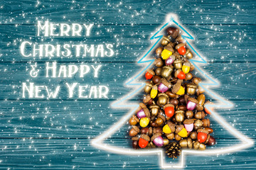 Wall Mural - merry christmas and happy new year CARD background handmade handicraft garland of colored acorns, decorative toys and a wooden christmas-tree - Image 