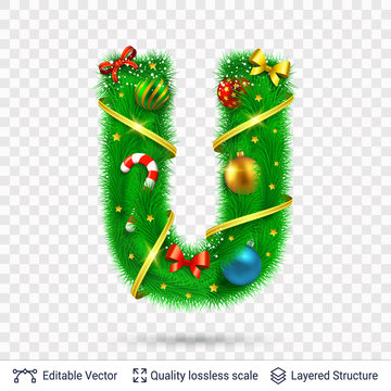 Holiday decorative letter of fir tree with toys.