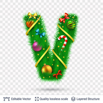 Holiday decorative letter of fir tree with toys.