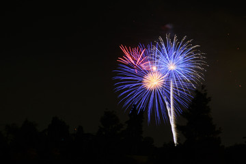 Colorful fireworks display on a dark sky background; Celebrations, Festivals, Independence Day, 4th of July or New Year