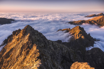 Wall Mural - Mountains Landscape with Inversion in the Valley at Sunset as seen From Rysy Peak in High Tatras, Slovakia