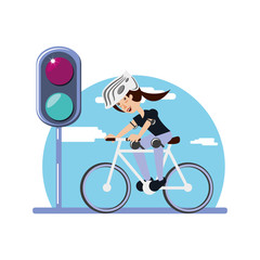 Poster - woman ride bike with trafic light character