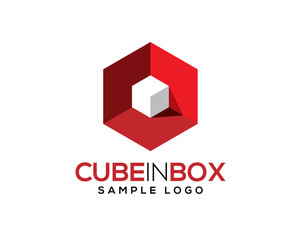 white 3d 3 dimensional cube inside red hexagon box with light and shadow