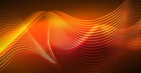 Abstract shiny glowinng color wave design element on dark background - science or technology concept