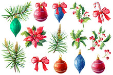 Watercolor Set With Winter Elements For The New Year. Colorful Christmas Balls, Pine, Poinsettia, Holly, Bow, Striped Candy