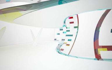 White smooth abstract architectural background whith colored gradient lines . 3D illustration and rendering