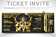 Invitation Ticket. Ticket Party, New Year Invite. Gold Champagne. Elegant Holiday Party Invitation. Flyers. 2019. Invitations. Invitation Card, Template