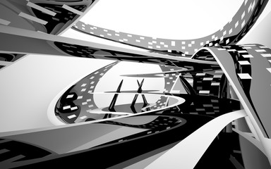 Abstract dynamic white interior with black smooth objects. 3D illustration and rendering