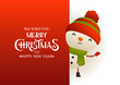 Cute snowman stands behind red signboard advertisement banner with text Merry Christmas and Happy New Year