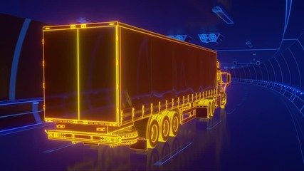 Wall Mural - Yellow glowing Trailer Truck rides through Blue tunnel 3d rendering