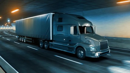 Wall Mural - Trailer truck rides through tunnel warm yellow light 3d rendering