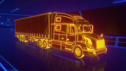 Wall Mural - Yellow glowing Trailer Truck rides through Blue tunnel 3d rendering