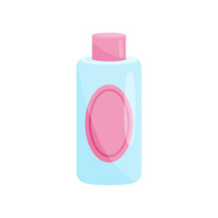 Wall Mural - Flat vector icon of plastic nail polish remover bottle with pink oval label and lid. Cosmetic product. Beauty theme