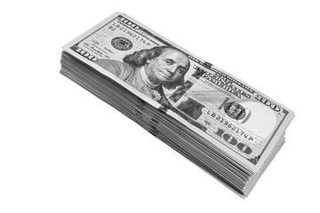 Wall Mural - Stack of one hundred dollar bills isolated on white background. Stack of cash money in hundred dollar banknotes. Heap of hundred dollar bills background. Concept of financial success.