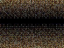 Golden Fabric Texture. Golden Shiny Halftone Pattern. Gold Glitter Dots Background. Yellow Brown Dots On Black Background. Random Color Gradient Vector, Gold Ornament. Abstract Design Element.