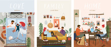 Set Of Cute Vector Illustrations Of People In Everyday Life, Happy Family At Home Resting In The Living Room On The Sofa, Sleeping In The Bedroom, Eating In The Kitchen