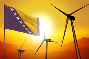 Bosnia and Herzegovina wind energy, alternative energy environment concept with wind turbines and flag on sunset industrial illustration - renewable alternative energy, 3D illustration