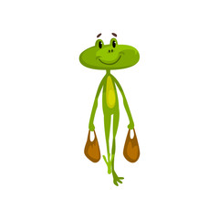 Poster - Little funny frog carrying two bags, green cute amfibian animal cartoon character vector Illustration on a white background