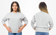 African american girl in template blank sweatshirt isolated on white background. Front and rear pullover view. Copy space and mock up. Place for adverising