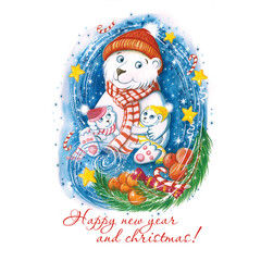 Watercolor drawing of a New Year's polar bear with children, in warm colorful hats, with a Christmas tree, oranges and sweets, snow is flying around and stars are shining on the sky, print, family hol