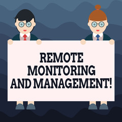 Poster - Writing note showing Remote Monitoring And Management. Business photo showcasing Long distance monitor data analysisager Male and Female in Uniform Holding Placard Banner Text Space