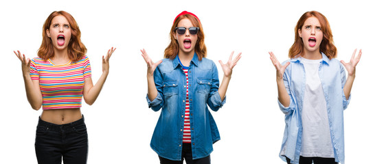 Sticker - Collage of young beautiful redhead woman over isolated background crazy and mad shouting and yelling with aggressive expression and arms raised. Frustration concept.