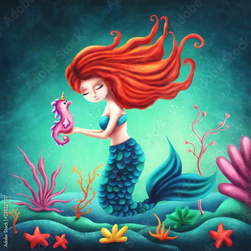 Illustration of a cute mermaid Poster Mural XXL