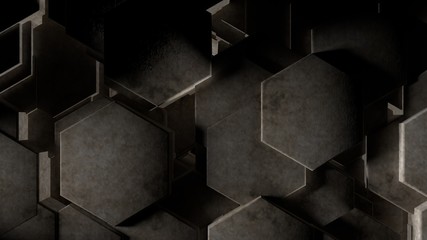 Poster - 3D illustration of abstract futuristic background from many different hexagons, honeycomb made of iron, silver and gold, with scratches and rust, old, idea for screensaver. 3D rendering, 3D background