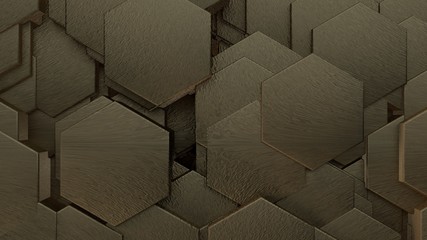 Poster - 3D illustration of abstract futuristic background from many different hexagons, honeycomb made of iron, silver and gold, with scratches and rust, old, idea for screensaver. 3D rendering, 3D background