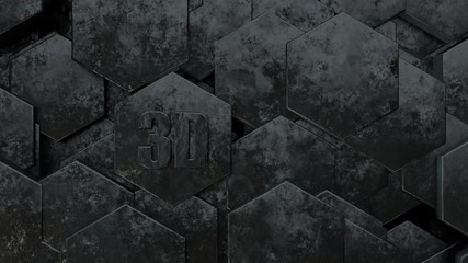 Poster - 3D illustration of abstract futuristic background from many different hexagons, honeycomb metal with scratches and rust, old, idea for screensaver. Symbol of 3D graphics and gear. 3D rendering.