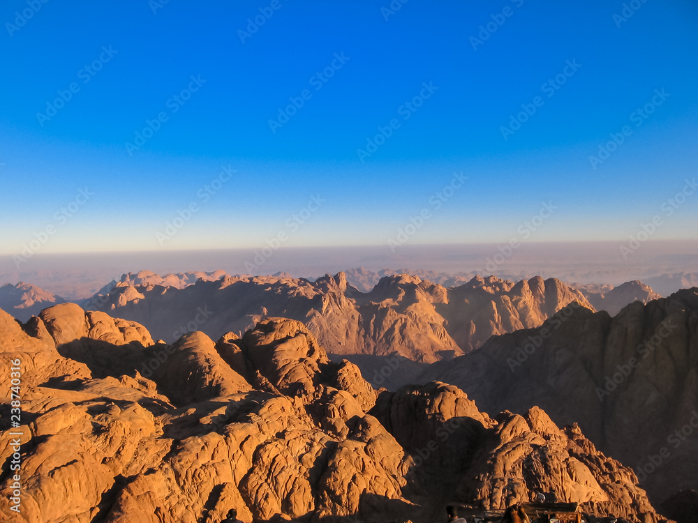 Aerial view of the holy summit of Mount Sinai at sunrise light. Aka ...