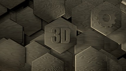 Poster - 3D illustration of abstract futuristic background from many different hexagons, honeycomb stone with scratches and rust, old, idea for screensaver. Symbol of 3D graphics and gear. 3D rendering.
