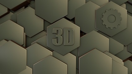 Poster - 3D illustration of abstract futuristic background from many different hexagons, honeycomb stone with scratches and rust, old, idea for screensaver. Symbol of 3D graphics and gear. 3D rendering.