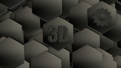 Poster - 3D illustration of abstract futuristic background from many different hexagons, honeycomb metal with scratches and rust, old, idea for screensaver. Symbol of 3D graphics and gear. 3D rendering.