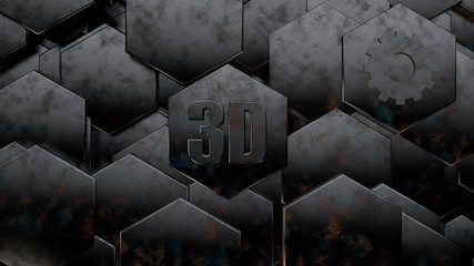Poster - 3D illustration of abstract futuristic background from many different hexagons, honeycomb metal with scratches and rust, old, idea for screensaver. Symbol of 3D graphics and gear. 3D rendering.