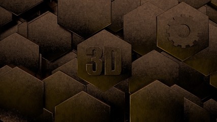 Poster - 3D illustration of abstract futuristic background from many different hexagons, honeycomb wood, idea for screensaver and background. Symbol of 3D graphics and gear. 3D rendering.