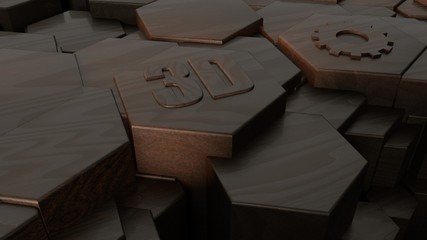 Poster - 3D illustration of abstract futuristic background from many different hexagons, honeycomb wood, idea for screensaver and background. Symbol of 3D graphics and gear. 3D rendering.