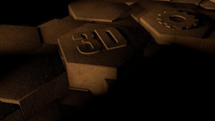 Poster - 3D illustration of abstract futuristic background from many different hexagons, honeycomb wood, idea for screensaver and background. Symbol of 3D graphics and gear. 3D rendering.