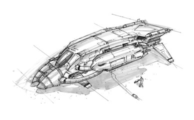 black and white ink concept art drawing of futuristic or sci-fi spaceship or spacecraft.