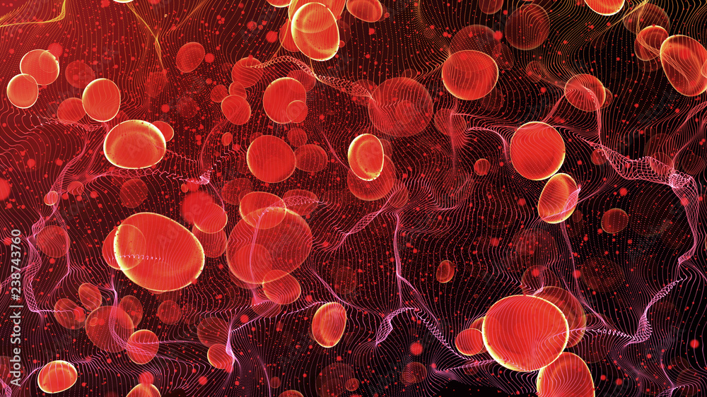 Red blood cells travel in an artery. Human body biotechnology science and health care concept. - obrazy, fototapety, plakaty 