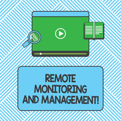 Poster - Handwriting text writing Remote Monitoring And Management. Concept meaning Long distance monitor data analysisager Tablet Video Player Uploading Downloading and Magnifying Glass Text Space
