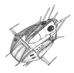 black and white ink concept art drawing of futuristic or sci-fi spaceship or spacecraft.