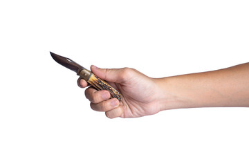 Isolated image of a male hand holding a sharp knife in white background.