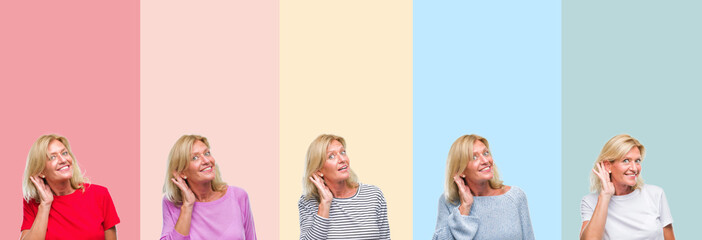 Canvas Print - Collage of middle age senior beautiful woman over colorful stripes isolated background smiling with hand over ear listening an hearing to rumor or gossip. Deafness concept.