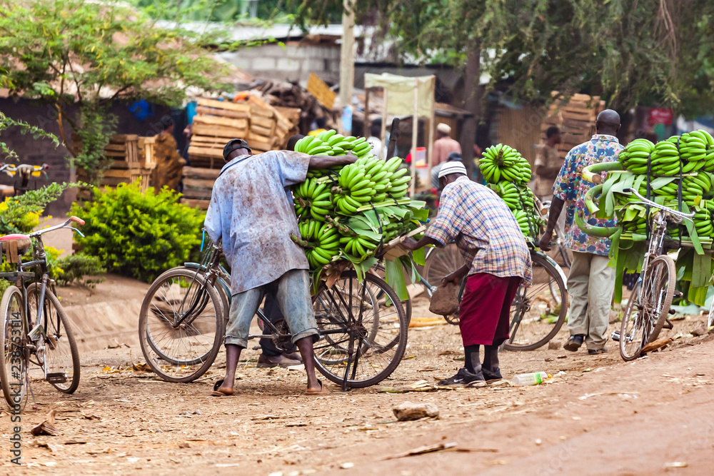 help to load bananas at street market in tanzania - obrazy, fototapety, plakaty 